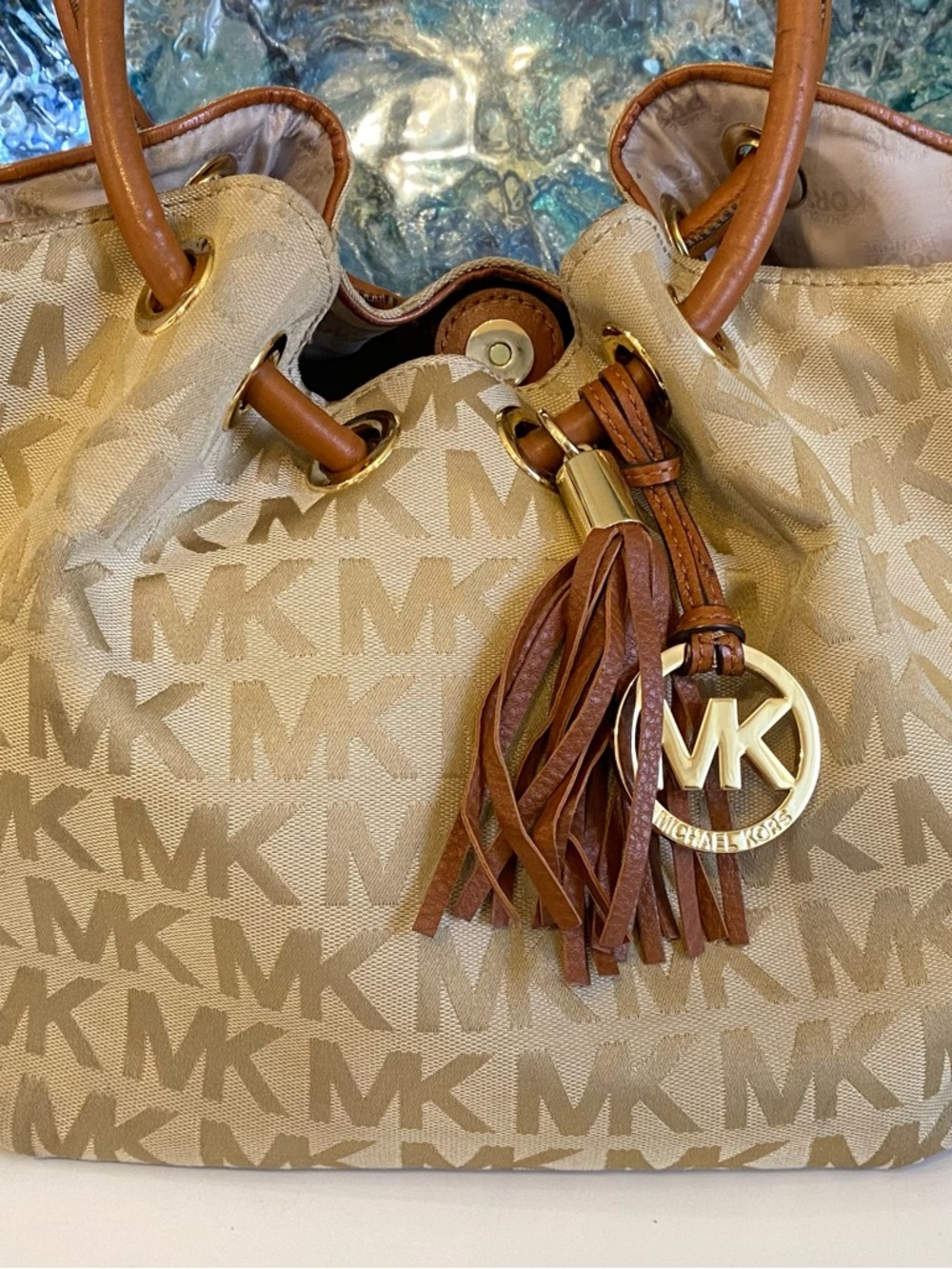Michael Kors Beige and Brown Logo Drawstring Bucket Bag